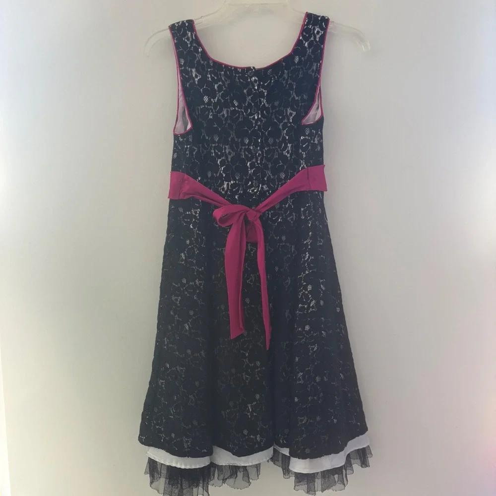 Emily West Girls Size 14.5 Black Lace Dress Pink‎ Ribbon White Layered Hem Party